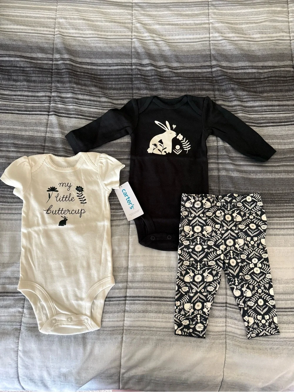 Carter's Baby Girls Black & Cream Bunny 3-Piece One-Piece Set